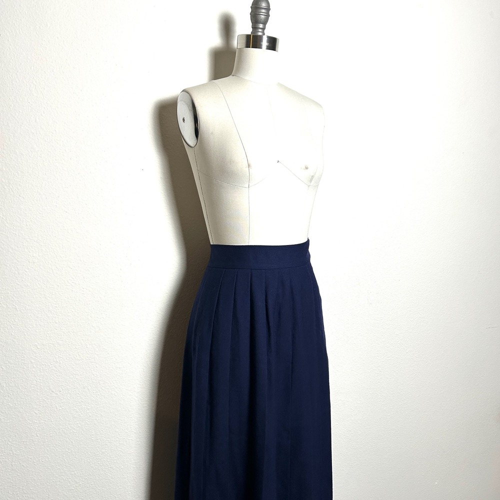 Vintage Navy Blue Wool Pleated Maxi Skirt High Waist Made in USA Womens Size 6